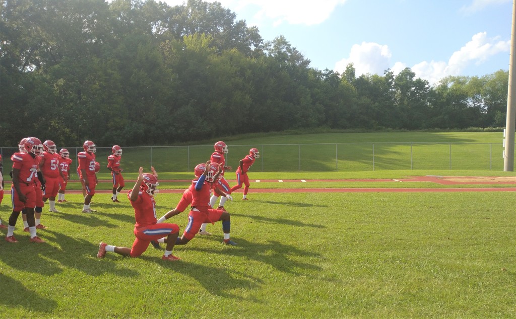 Bearcats stretching before the Yazoo County scrimmage. 